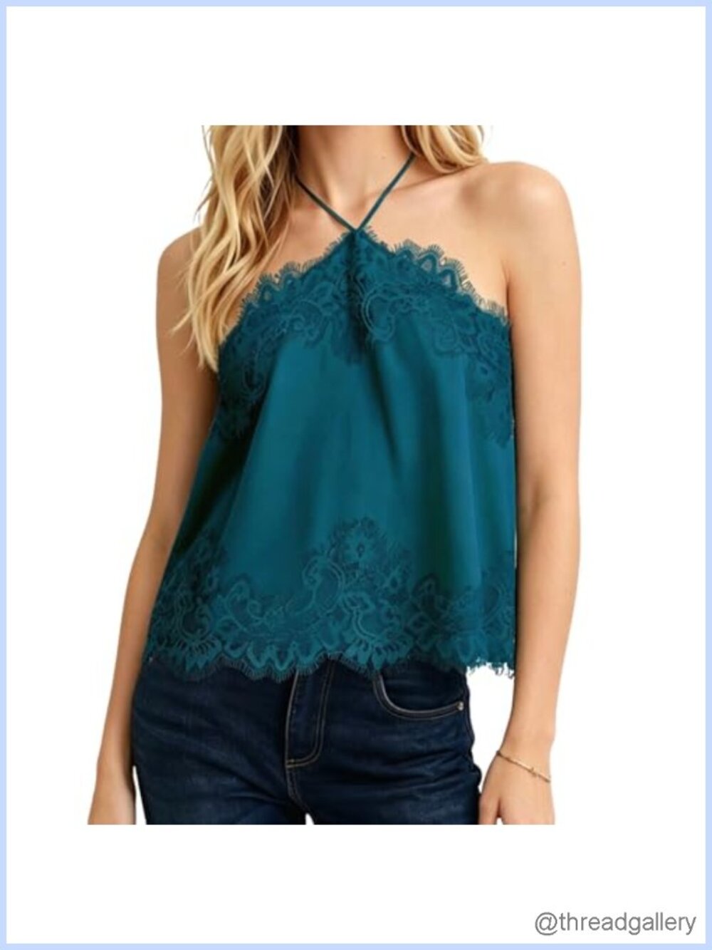 Women Satin Halter Neck Lace Trim Cami Top Back Buckle